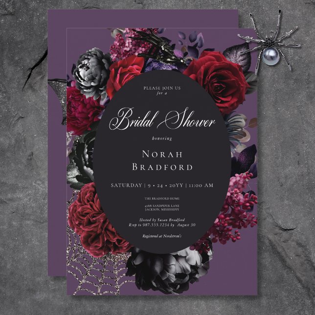 Invitation Halloween foncé Glam Floral Purple Fête des mariée (Dark Halloween Glam Floral Purple Bridal Shower Invitation)