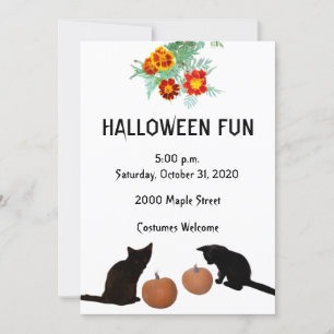 Invitation Halloween Fun Black Kittens Citrouilles Marigolds