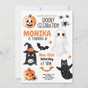 Invitation Halloween Ghost Cats Enfants Aquarelle Anniversair
