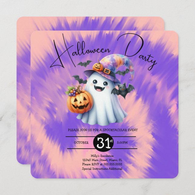 Invitation Halloween Ghost Party Tie Dye Main tirée (Devant / Derrière)