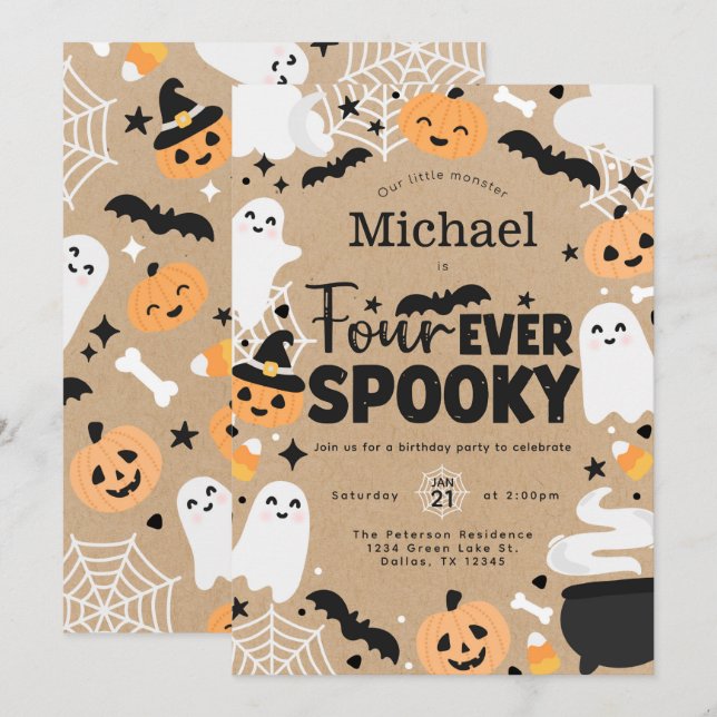 Invitation Halloween Ghost Pumpkin 4th Birthday Party (Devant / Derrière)