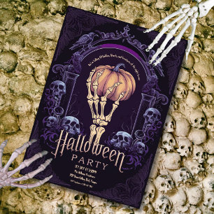 Invitation Halloween gothique vintage violet squelette main