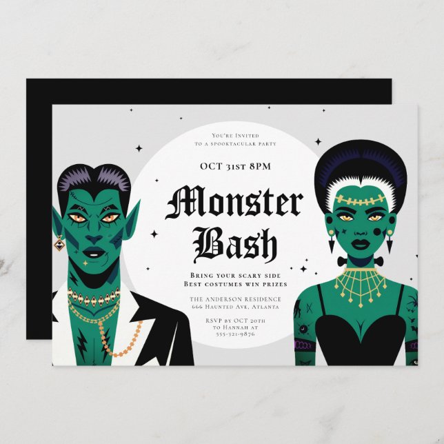 Invitation Halloween Goths Frankenstein Monster Bash (Devant / Derrière)