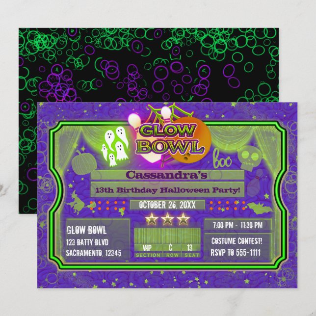 Invitation Halloween Green & Purple GLOW BOWL Anniversaire (Devant / Derrière)