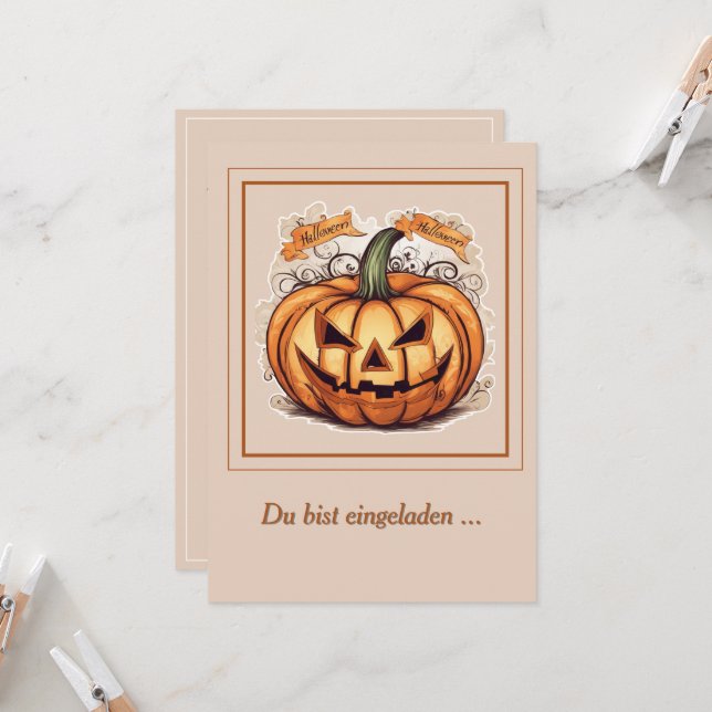Invitation Halloween : grosse citrouille (Devant/Arrière en situation)