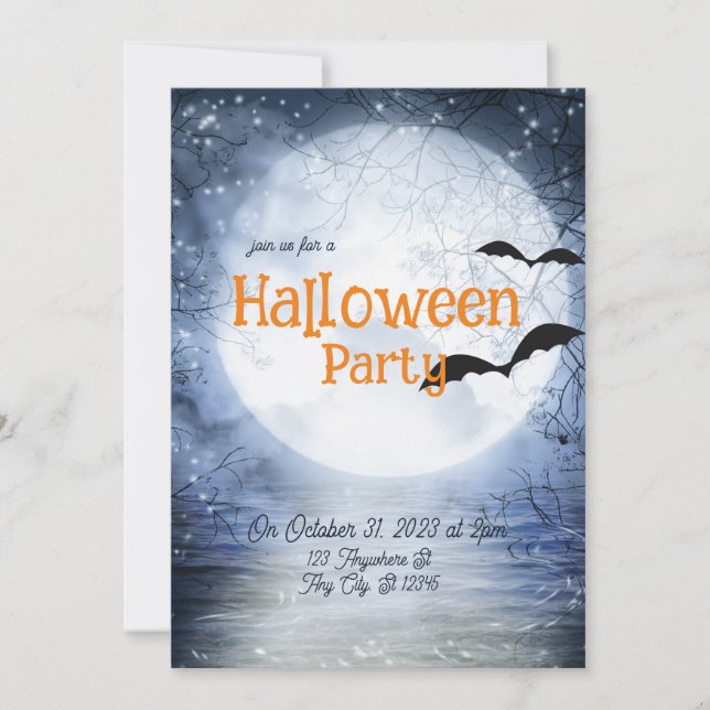 Invitation Halloween Hauntion Pleine lune Bats Bleus Blancs (Devant)