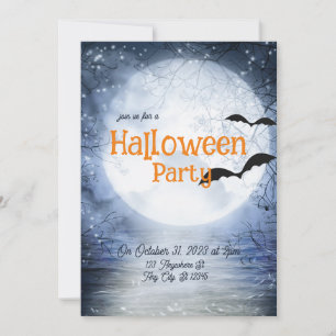 Invitation Halloween Hauntion Pleine lune Bats Bleus Blancs