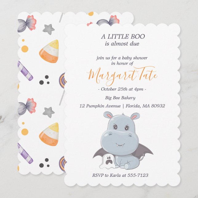 Invitation Halloween Hippopotamus Little Boo Baby shower (Devant / Derrière)