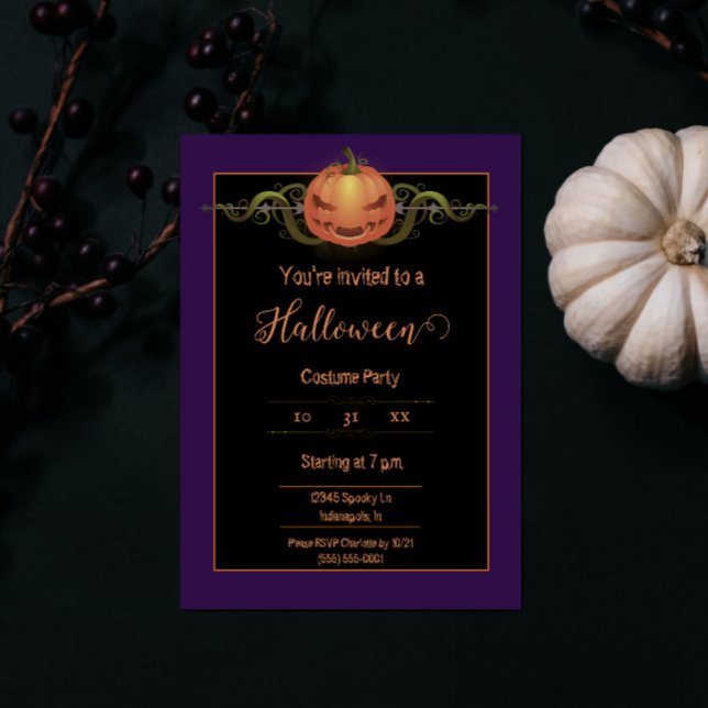 Invitation Halloween Jack-o-lanterne effrayant | Violet (Purple Scary Jack-o-Lantern Halloween Party Invite)