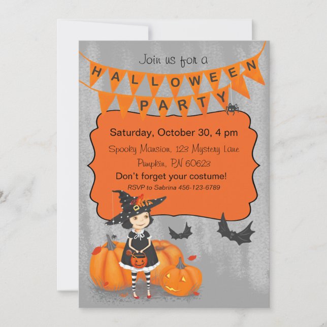Invitation Halloween jolie petite sorcière (Devant)