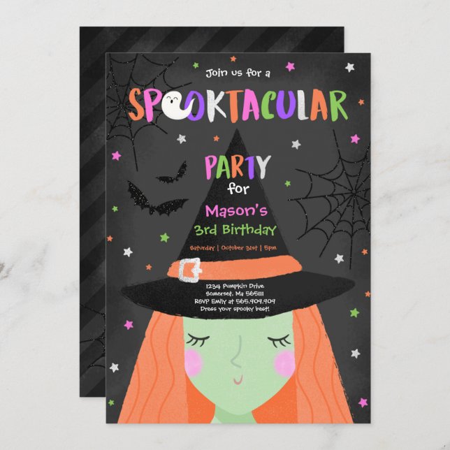 Invitation Halloween jolie sorcière Anniversaire fête Spookta (Devant / Derrière)