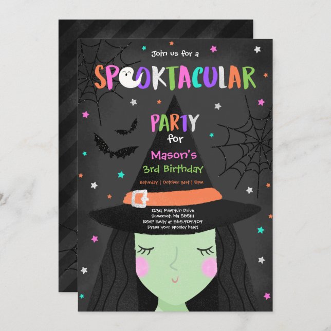 Invitation Halloween jolie sorcière Anniversaire fête Spookta (Devant / Derrière)