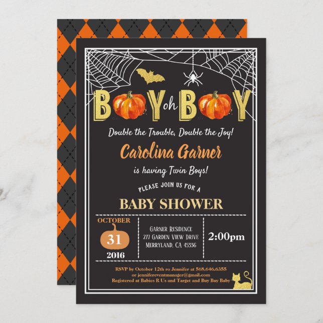 Invitation Halloween jumeaux bébé garçon douche citrouille or (Devant / Derrière)