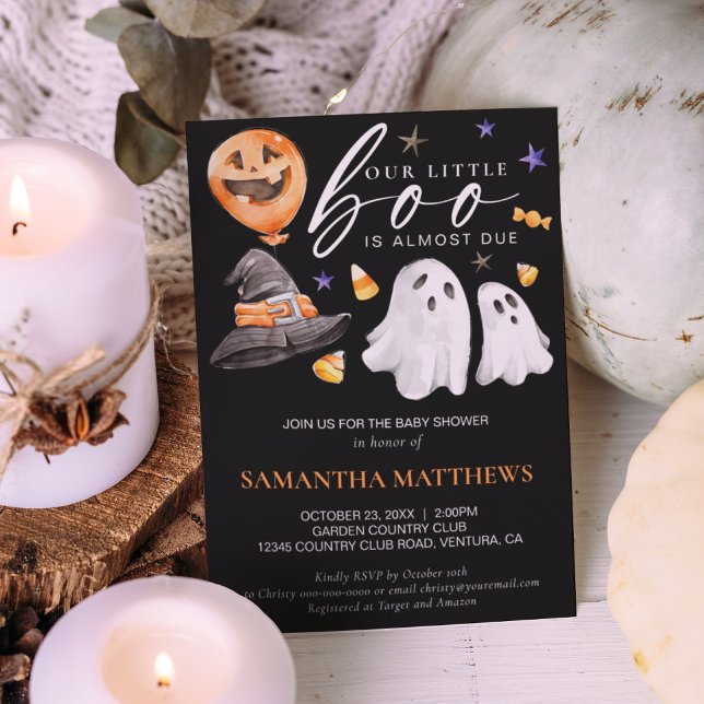 Invitation Halloween Little Boo Baby shower noir (Little boo is almost due Halloween black invitation with watercolor ghosts and candy corn.)