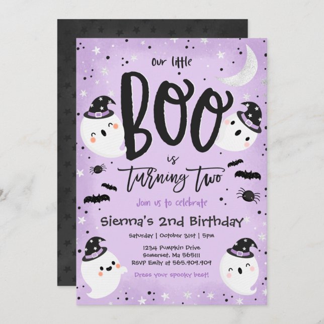 Invitation Halloween Little Boo Purple Ghost 2e anniversaire (Devant / Derrière)