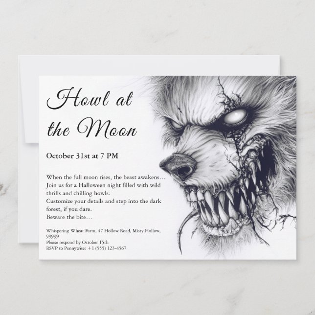 Invitation Halloween Loup-Garou – Horreur Pleine L (Devant)