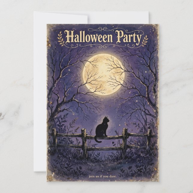 Invitation Halloween Lune Clair de Lune Chat Noir (Devant)