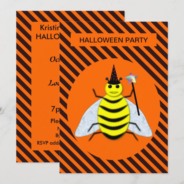 Invitation Halloween Magic Bee Witch Orange et Black Stripes (Devant / Derrière)