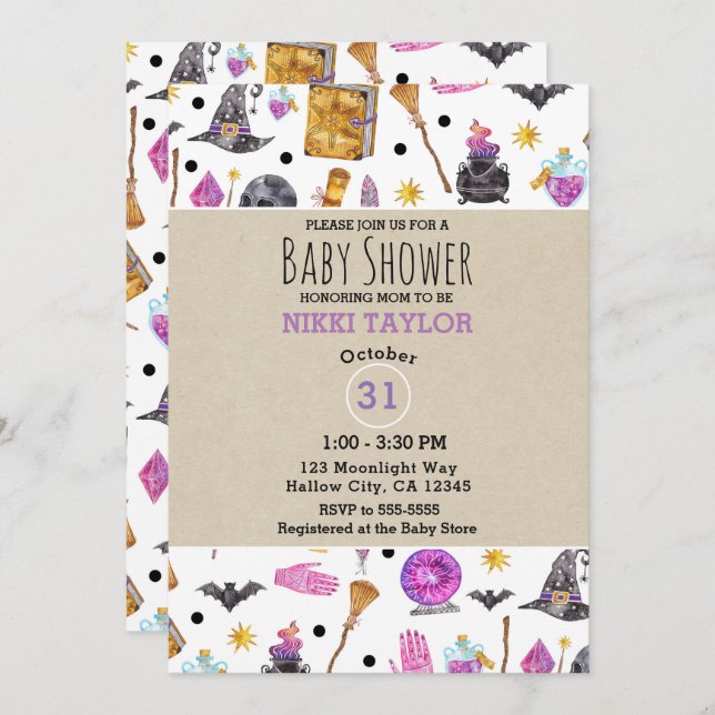 Invitation Halloween magique Aquarelle Baby shower lunaire (Devant / Derrière)