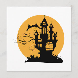 Invitation Halloween Maison hantée orange et noire