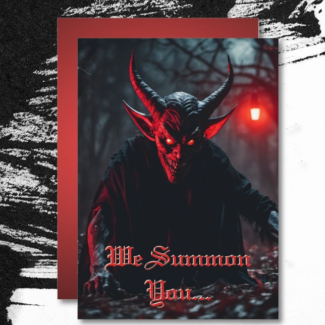 Invitation Halloween maléfique à sourcils rouges et effrayant (Smiling Scary Red Eyed Crawling Devil Halloween Party Invitation)