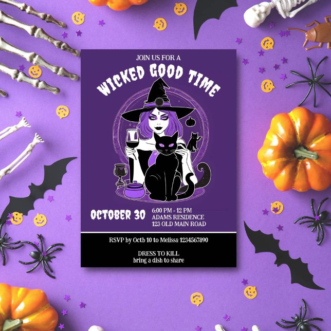 Invitation Halloween méchant temps sorcière et vin adultes (Wicked good time adults Halloween party template invitation digital download chic young witch wine )