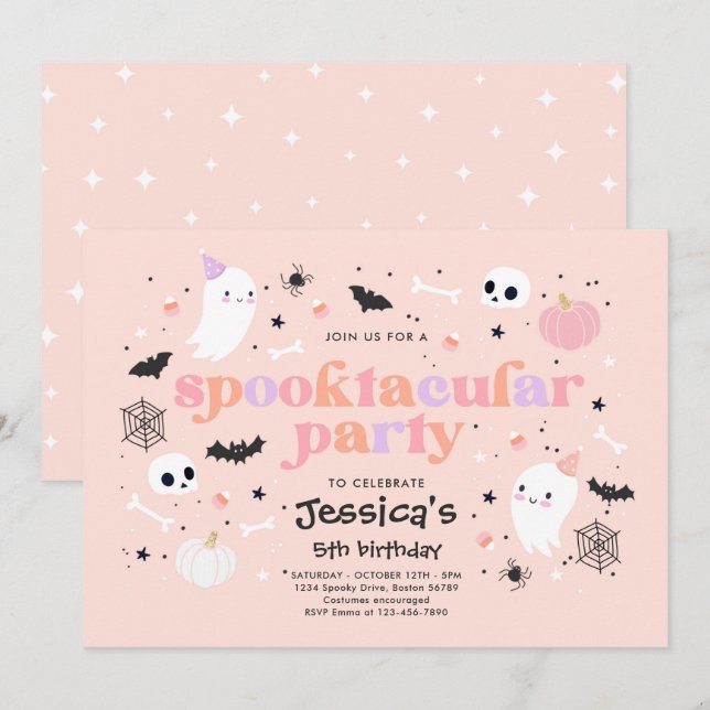 Invitation Halloween mignon rose Fantôme Anniversaire Spookta (Devant / Derrière)