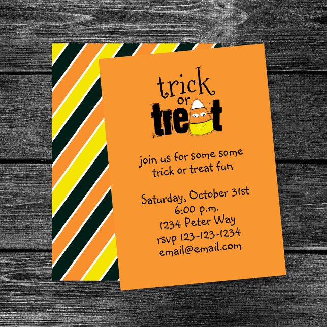 Invitation Halloween mignonne bonbon Corn Trick ou traiter dr (Cute candy corn Halloween party design with bright orange background and playful style.)