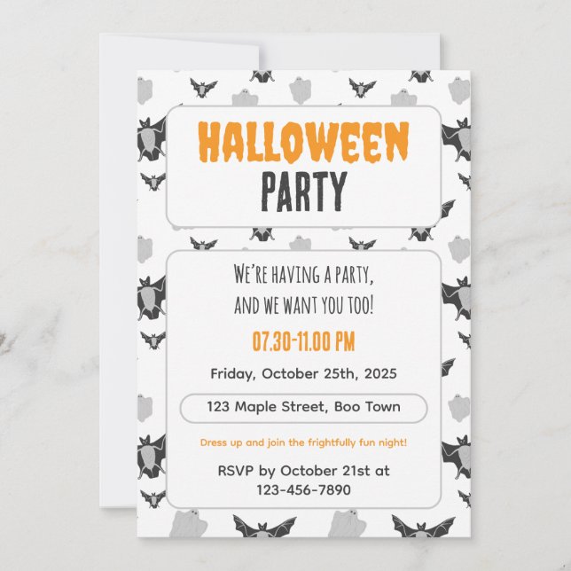 Invitation Halloween mignonne de chauve-souris et  (Devant)