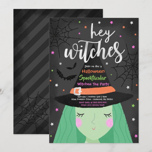 Invitation Halloween mignonne Hey sorcières Halloween Tea Par (Devant / Derrière)