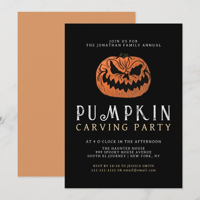 Invitation Halloween minimaliste Citrouille Éffrayant Carving (Devant / Derrière)