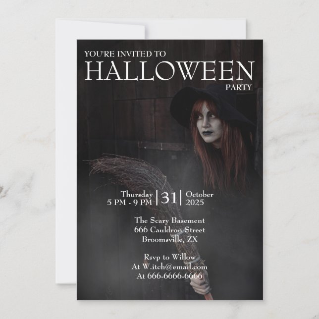 Invitation Halloween Modern Gothic Witch Broom Dark Barn (Devant)