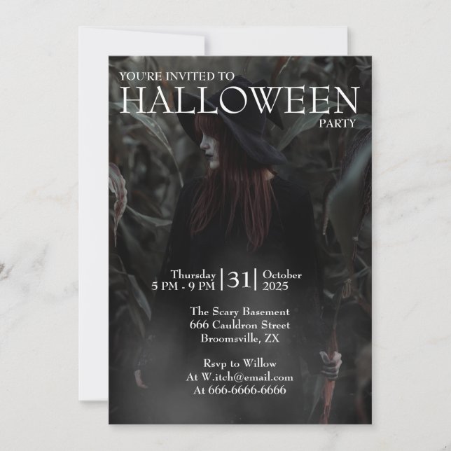 Invitation Halloween Modern Gothic Witch in Dark Forest (Devant)