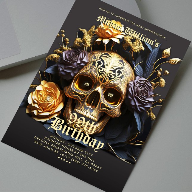 Invitation Halloween moderne fête d'anniversaire Black Gold c (Modern Halloween Birthday Party Black Gold Skull Invitation
)
