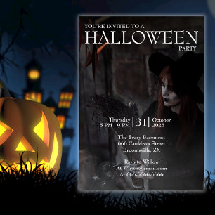 Invitation Halloween Moderne Sorcière Gothique Balai Photo So