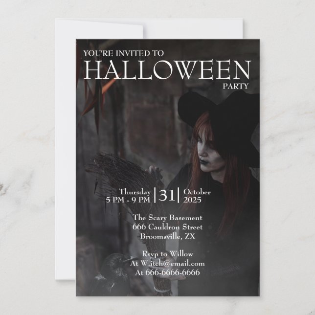 Invitation Halloween Moderne Sorcière Gothique Balai Photo So (Devant)
