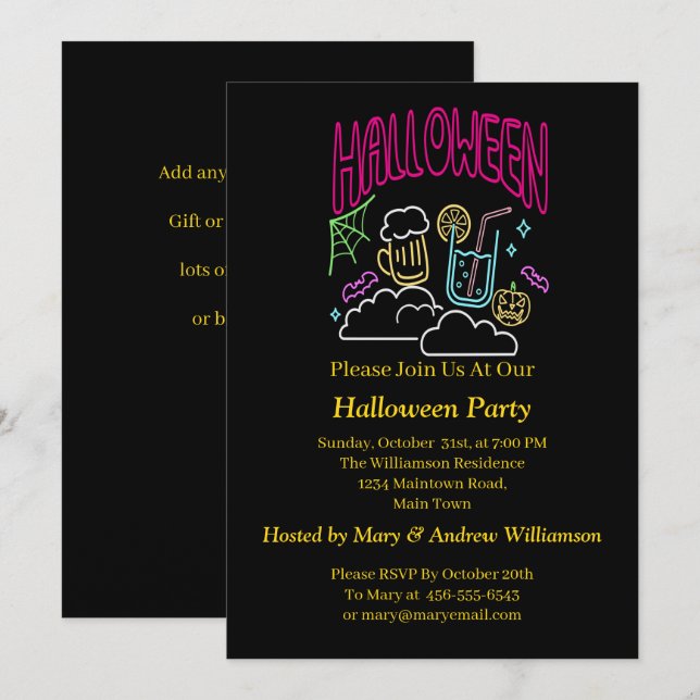 Invitation Halloween Neon Glow Look Beer Boire Party (Devant / Derrière)