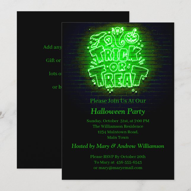 Invitation Halloween Neon Glow Look Green Trreat Party (Devant / Derrière)