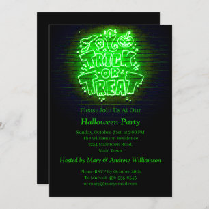 Invitation Halloween Neon Glow Look Green Trreat Party