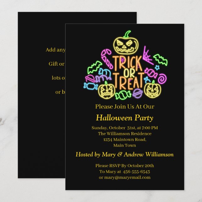 Invitation Halloween Neon Glow Look Tri Treat Candy Party (Devant / Derrière)