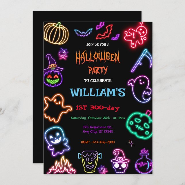 Invitation Halloween Neon Kids Birthday Party Glow Dark  (Devant / Derrière)