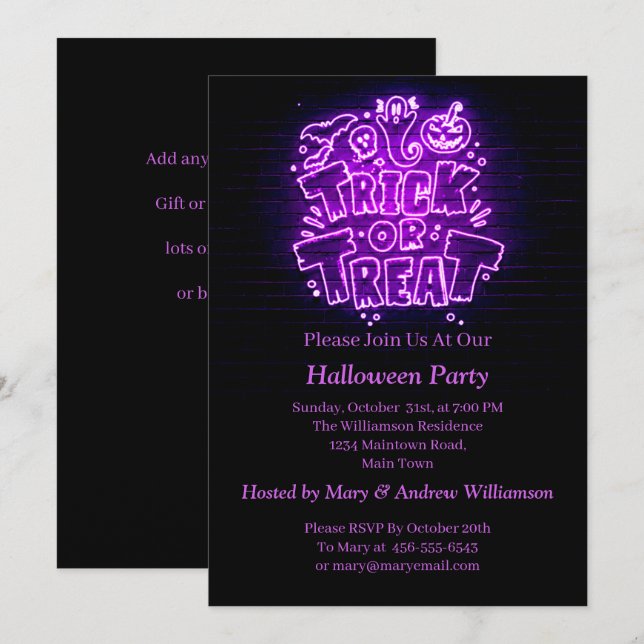 Invitation Halloween Neon Llow Look Purple Trreat Party (Devant / Derrière)