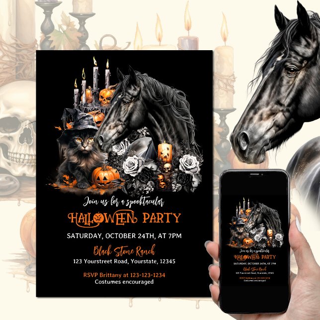 Invitation Halloween noir Cheval noir Chat éffrayant (Horse lover Halloween party invitation with black horse, black cat, pumpkins, candles and black rose)