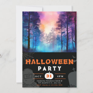 Invitation Halloween noir de la forêt arc-en-ciel et de la lu