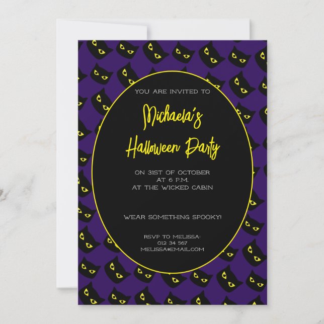 Invitation Halloween noir et violet chat yeux jaune motif (Devant)