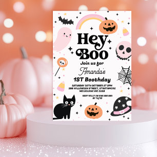 Invitation Halloween noir rose rétro Hey Boo 1er Anniversaire