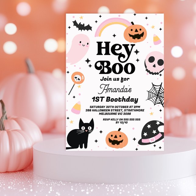 Invitation Halloween noir rose rétro Hey Boo 1er Anniversaire (Hey Boo Halloween 1st Birthday Invitation Black Cat Pink Ghost, Boo Retro Halloween Birthday Girl)