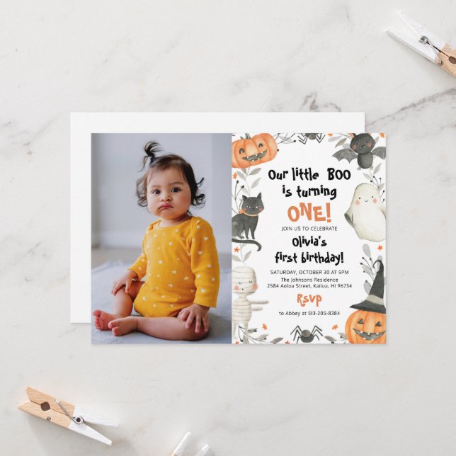 Invitation Halloween Notre Petit Boo Anniversaire Fête Invita (Devant/Arrière en situation)