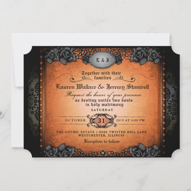 Invitation Halloween Orange et Noir Gothique Ensemble Mariage (Devant)