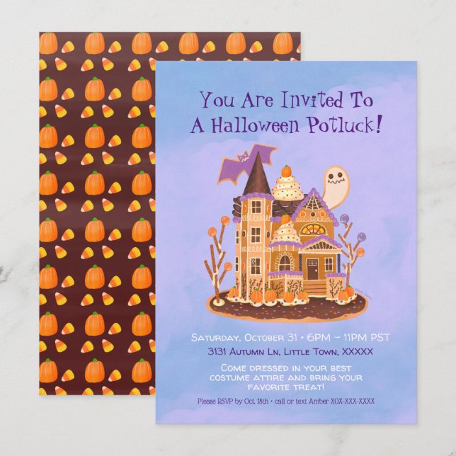 Invitation Halloween pain d'épices Maison hantée (Devant / Derrière)
